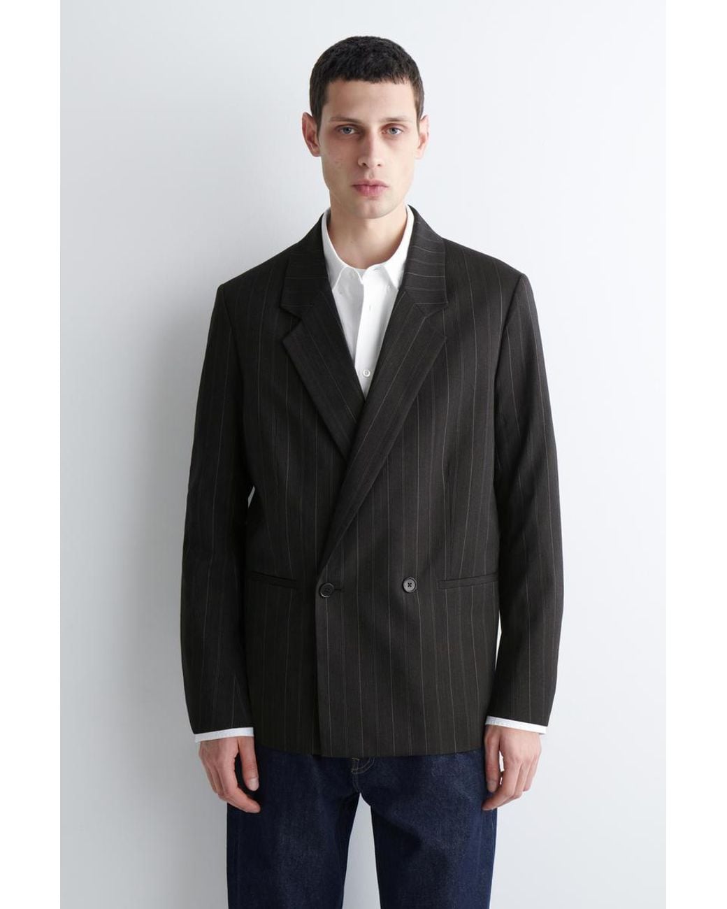 COS Black Pinstriped Double-Breasted Blazer for men