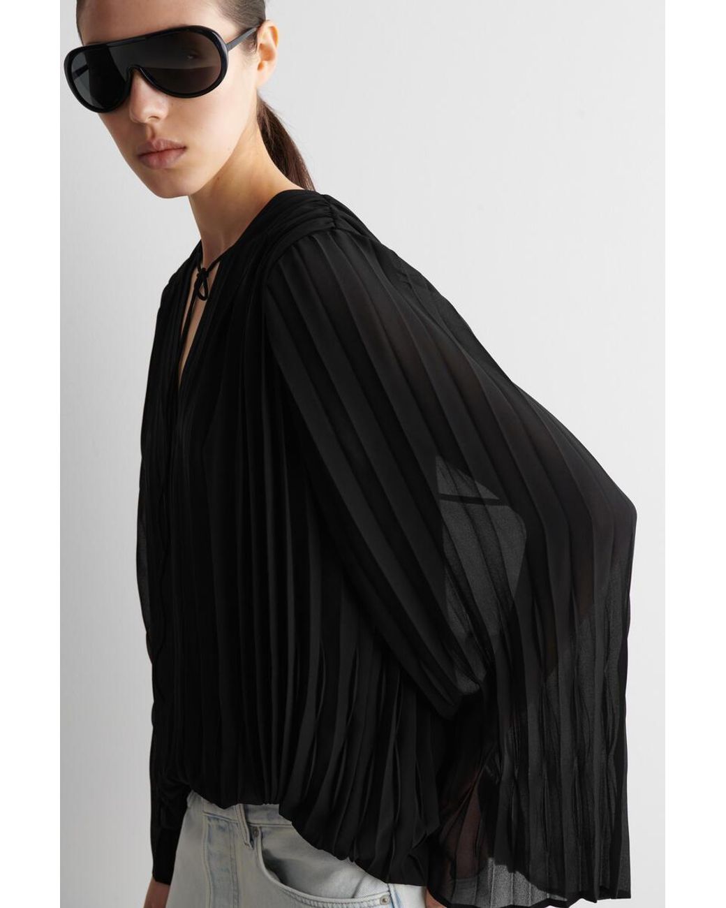 COS Black Tie-Front Pleated Georgette Blouse