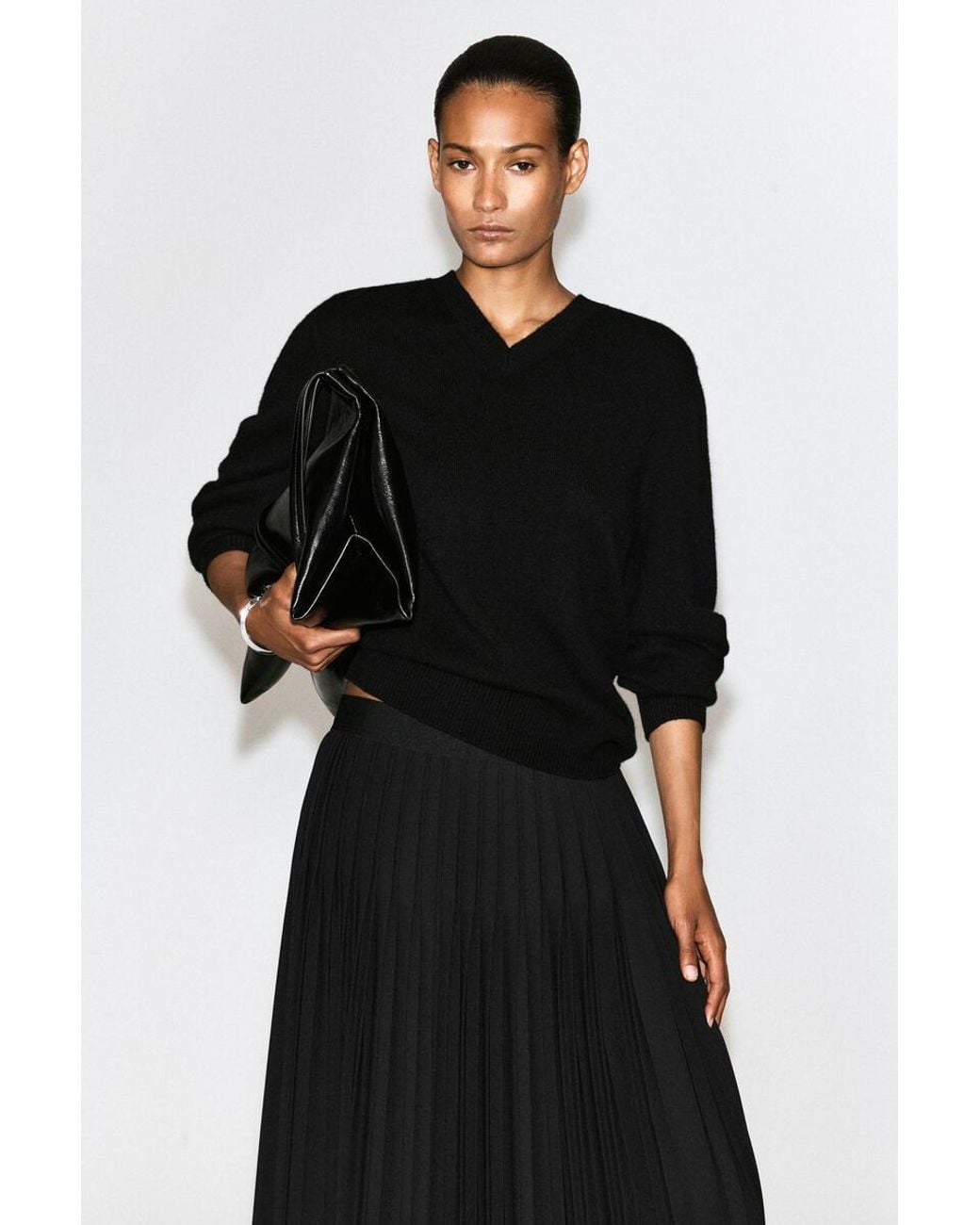 COS Black Pleated Crepe Midi Skirt