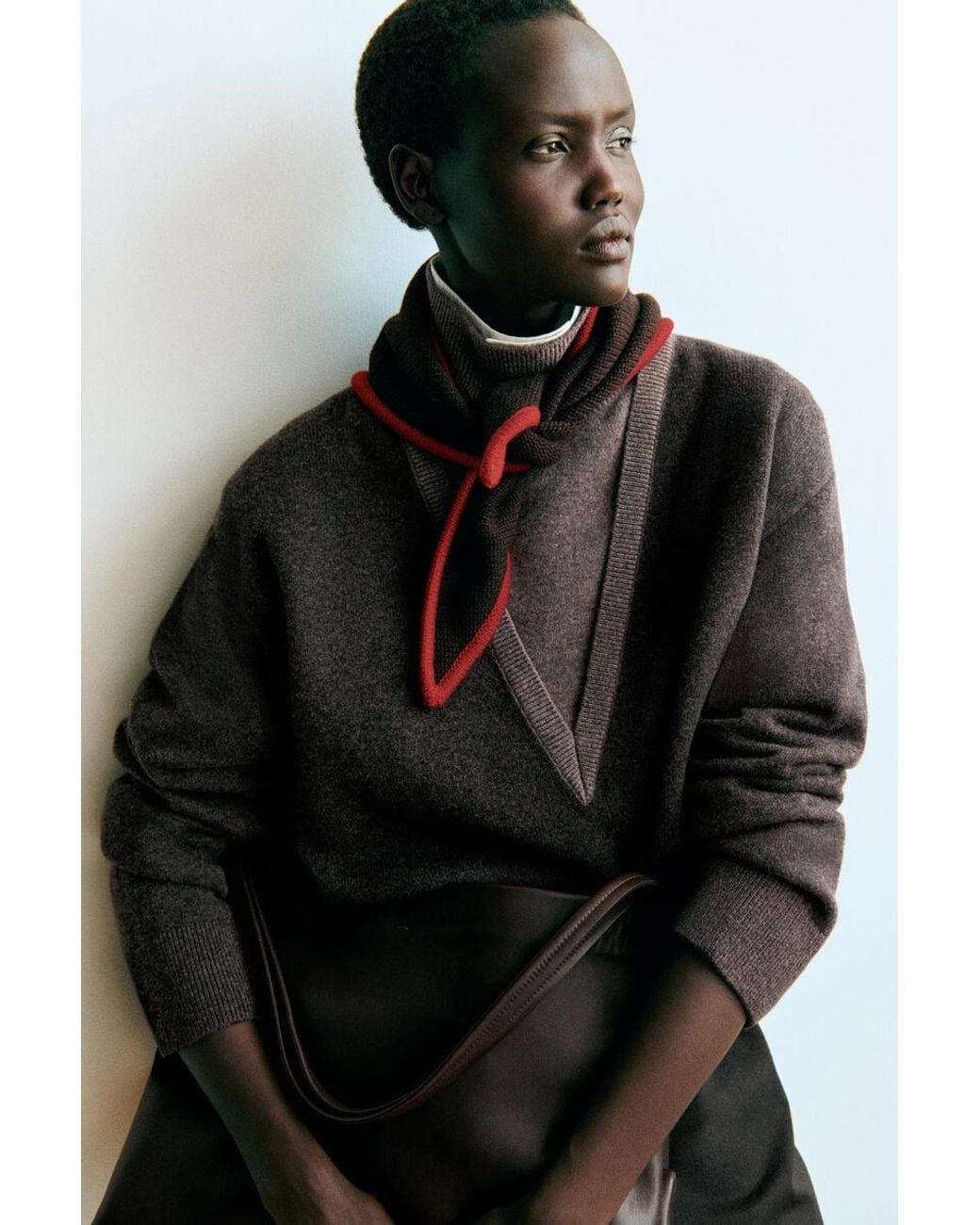 COS Brown Layered Funnel-Neck Merino Wool Sweater