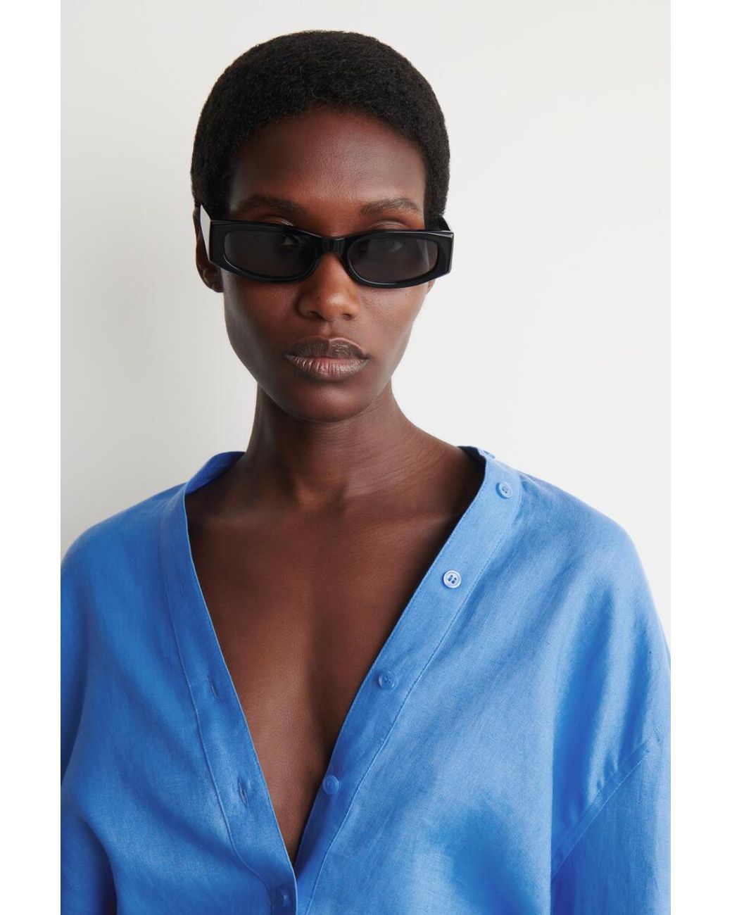 COS Blue Button-Detail Linen V-Neck Shirt