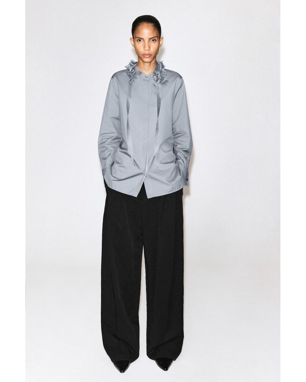 COS Gray Ruffled-Collar Cotton-Silk Shirt