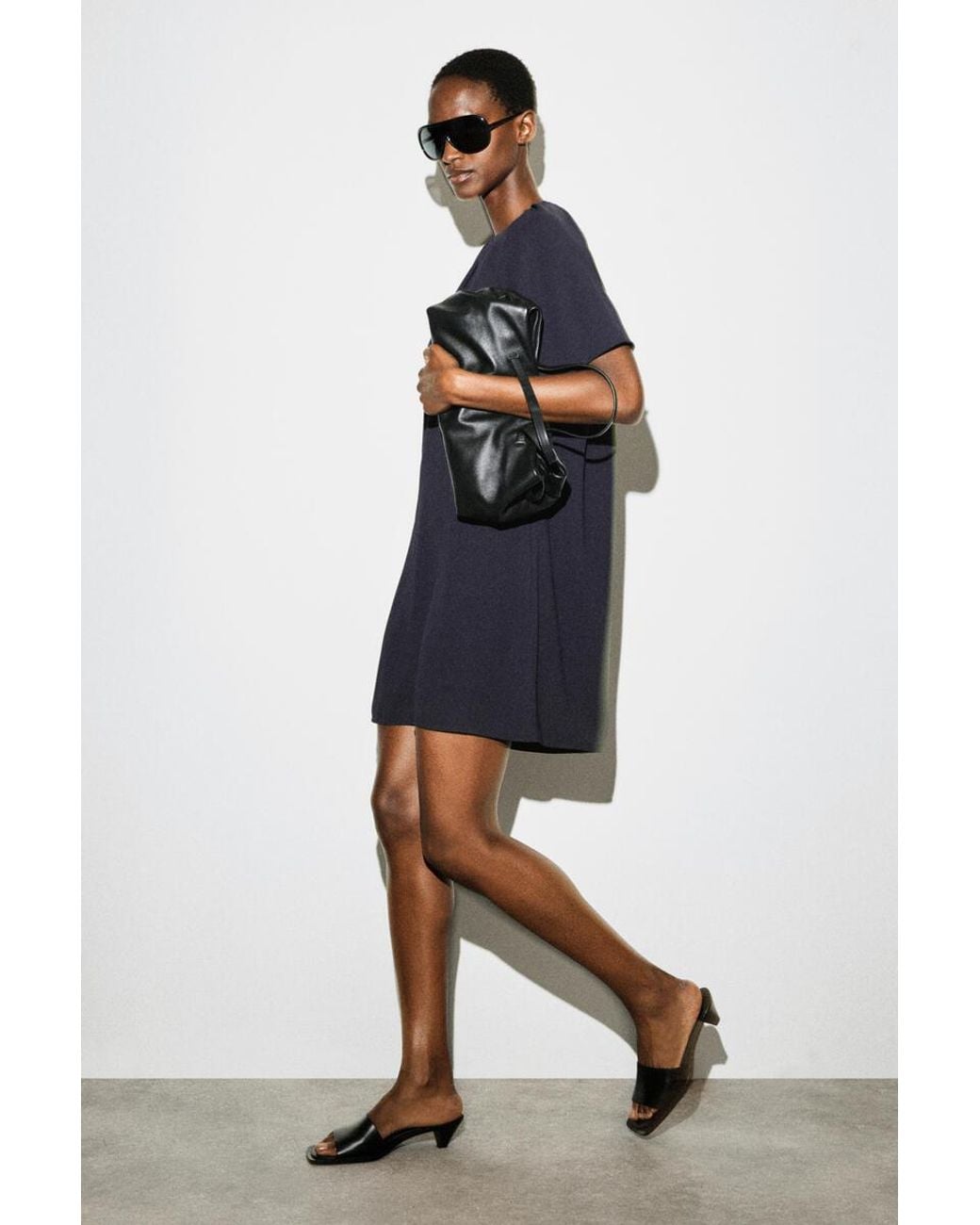 COS Blue Gathered Short-Sleeved Mini Dress
