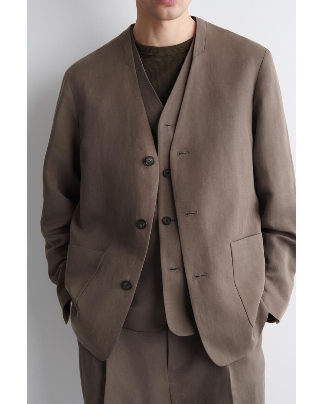 COS Brown Collarless Linen-Blend Blazer for men