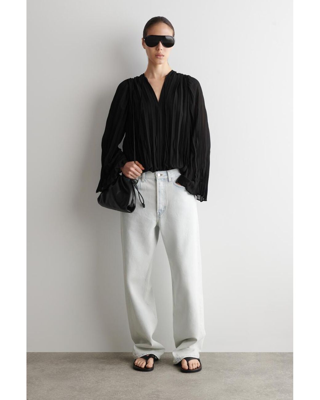 COS Black Tie-Front Pleated Georgette Blouse