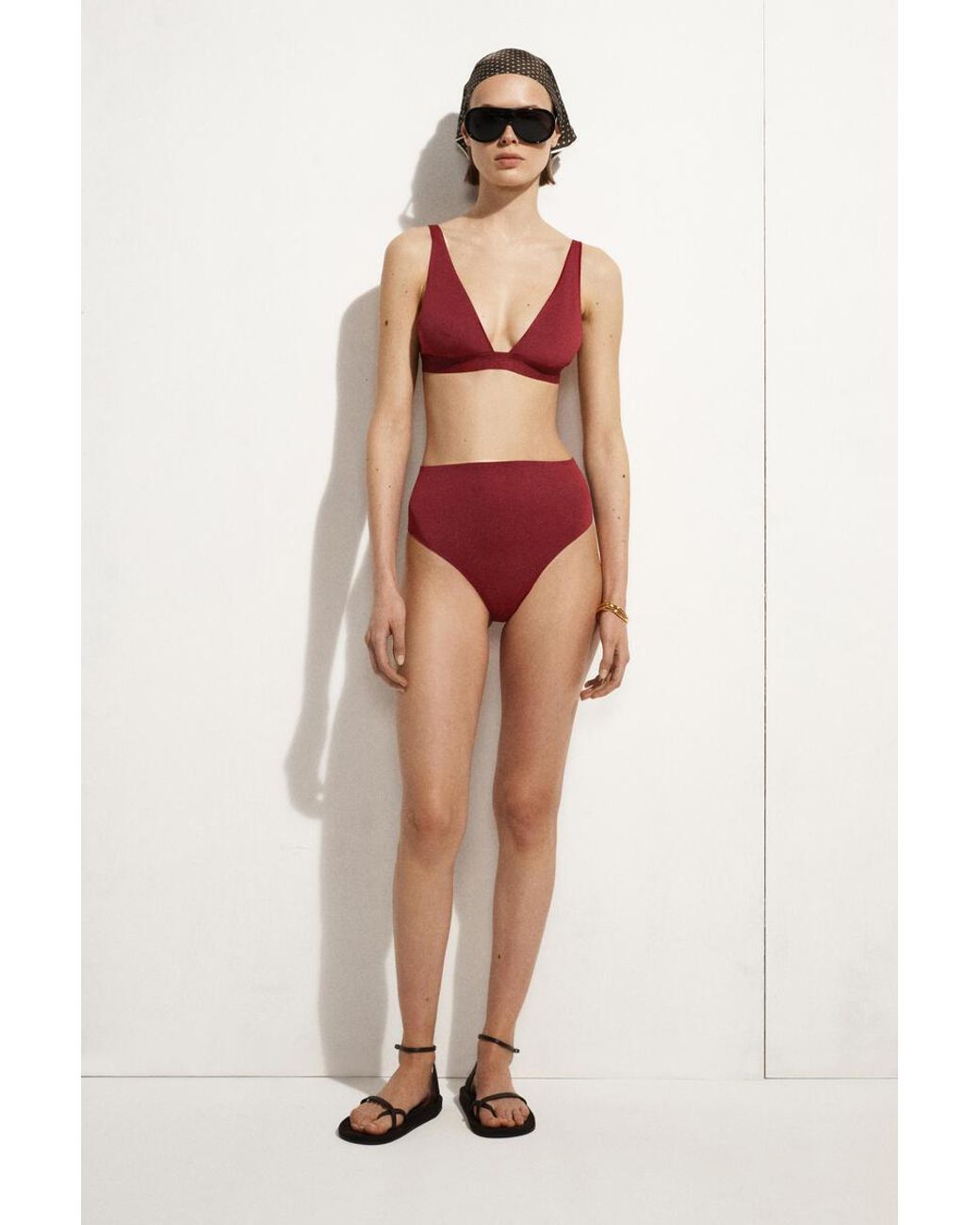 COS Red Bonded-Scuba V-Neck Bikini Top