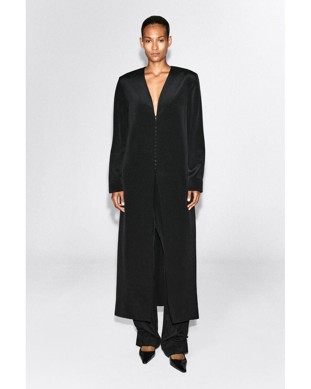 COS Black Button-Detail Silk-Crepe Long Coat