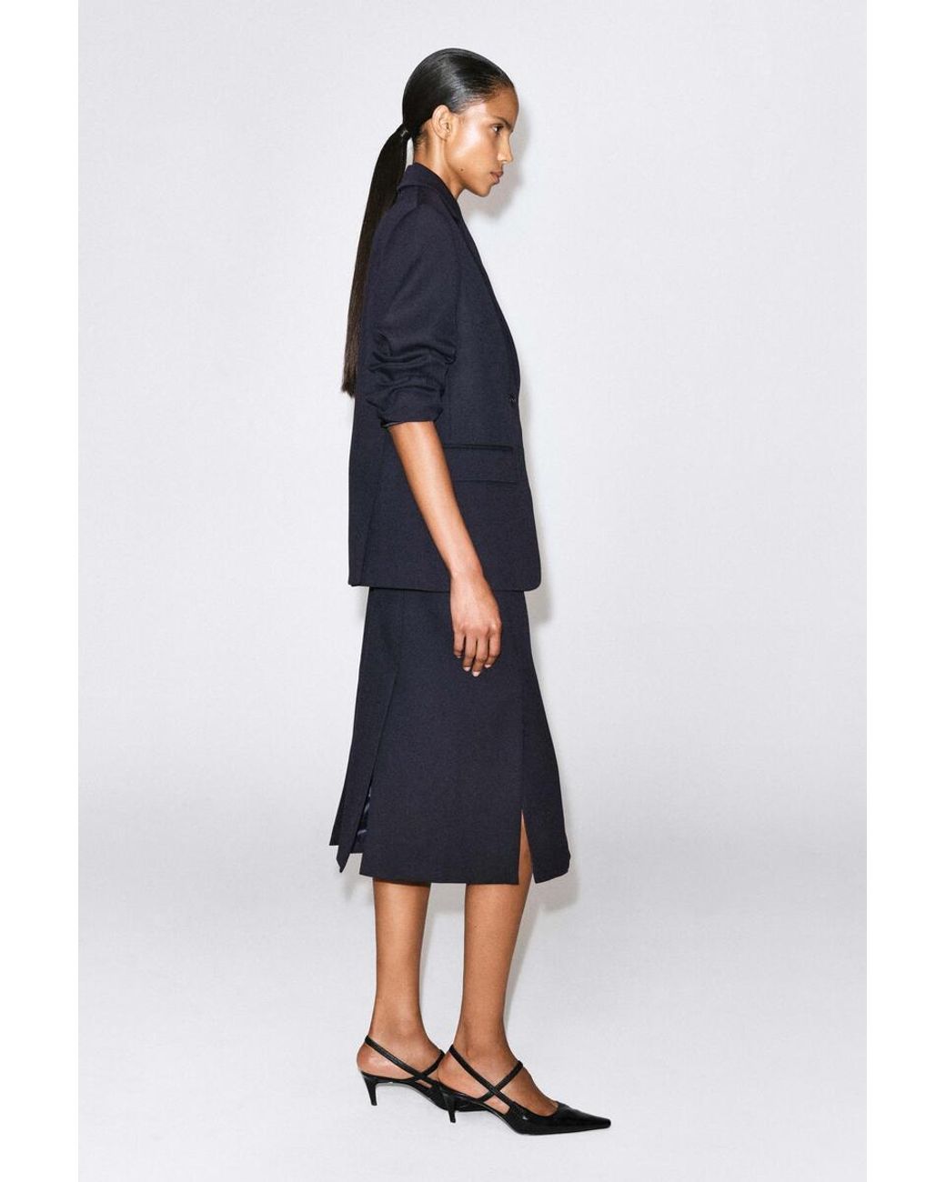COS Blue Tailored Split-Hem Wool Midi Skirt