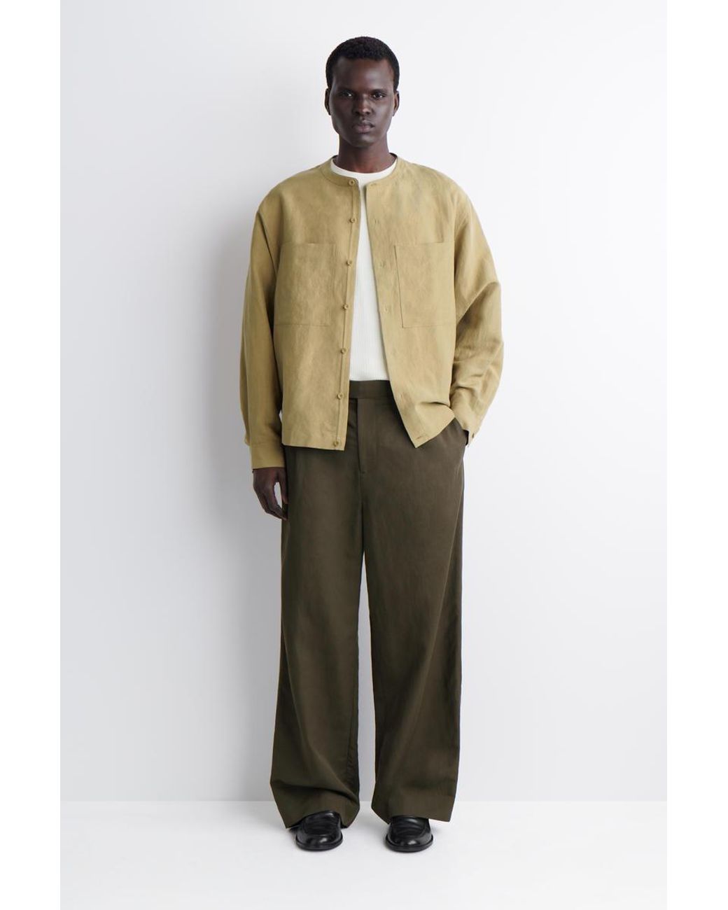 COS Green Oversized Grandad-Collar Linen Shirt for men