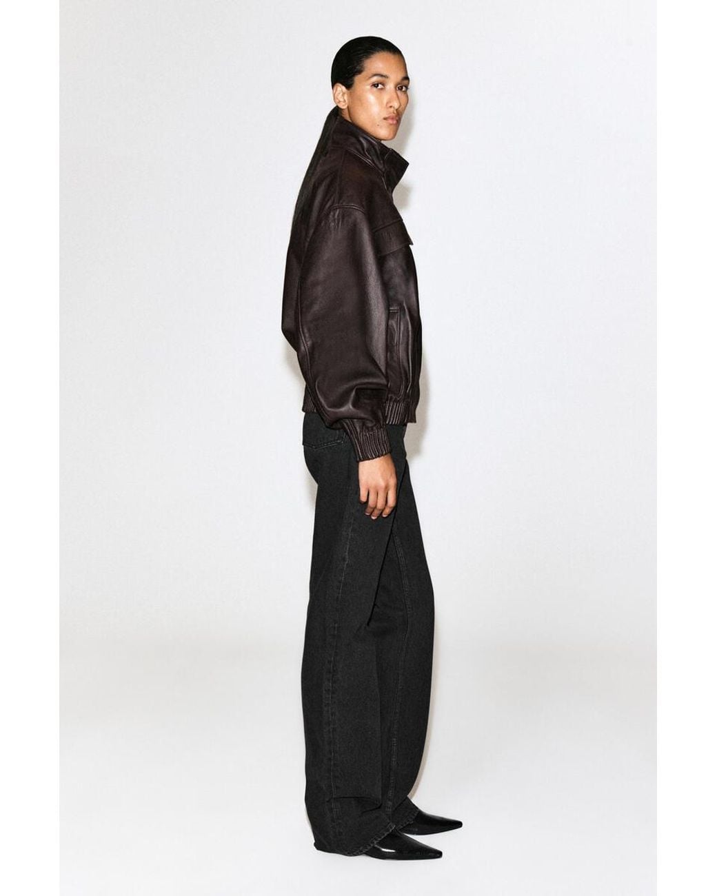 COS Black Leather Mock-Neck Bomber Jacket
