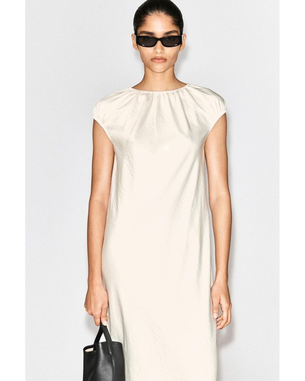 COS White Gathered Satin Midi Dress