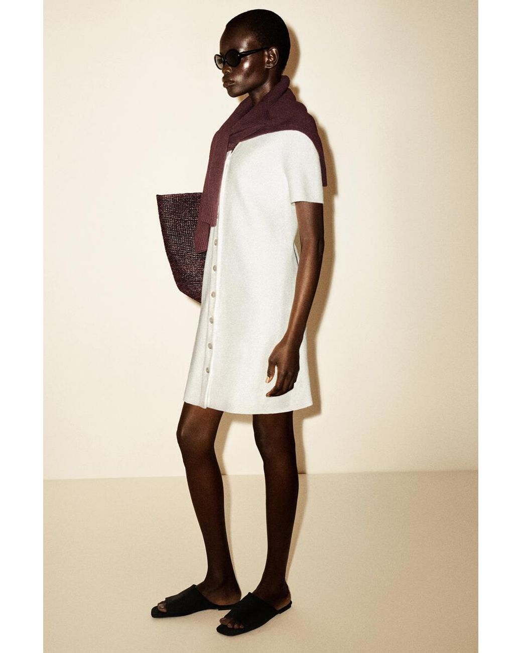 COS Buttoned Milano-Knit Mini Dress in White