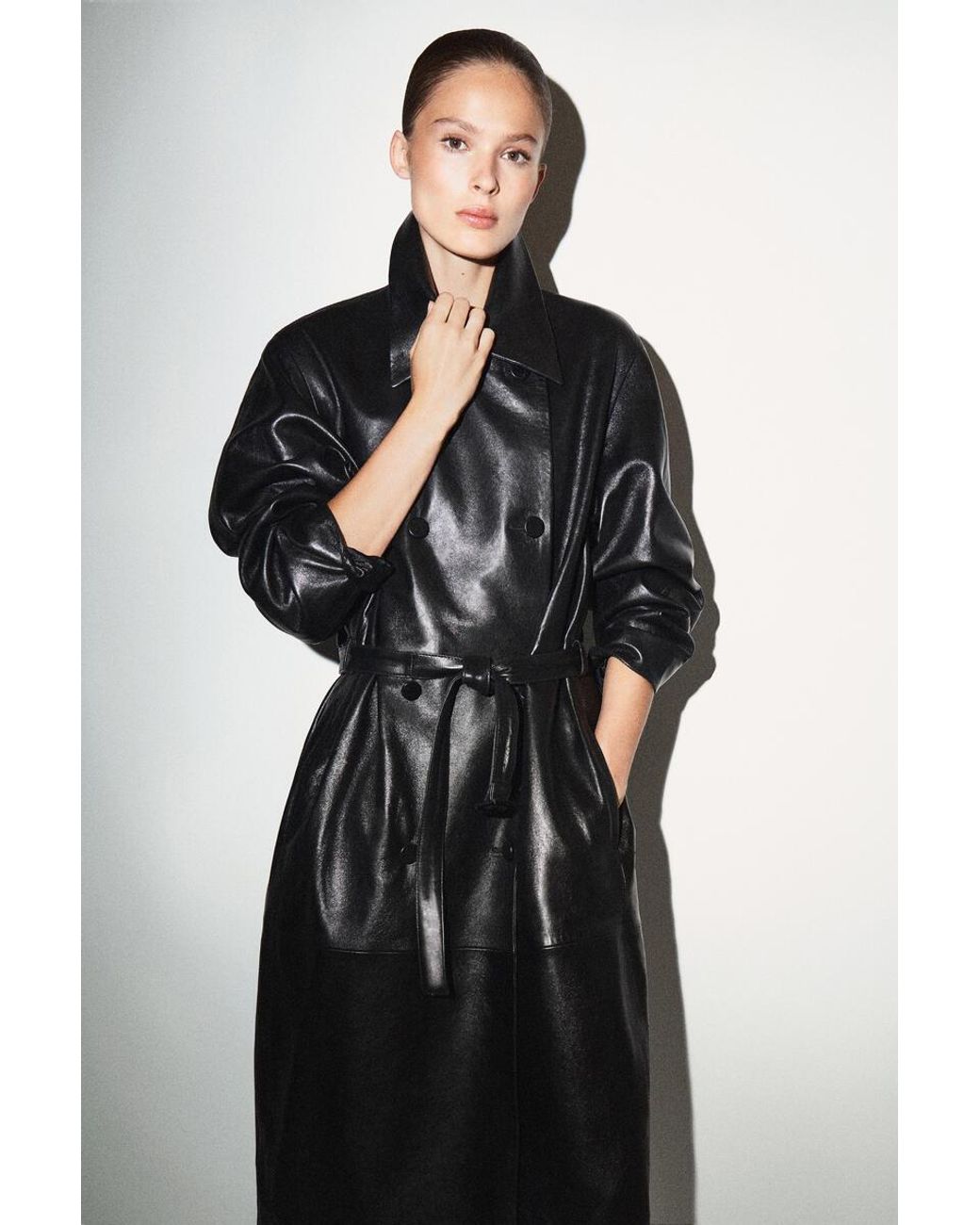 COS Black Oversized Belted Leather Long Coat