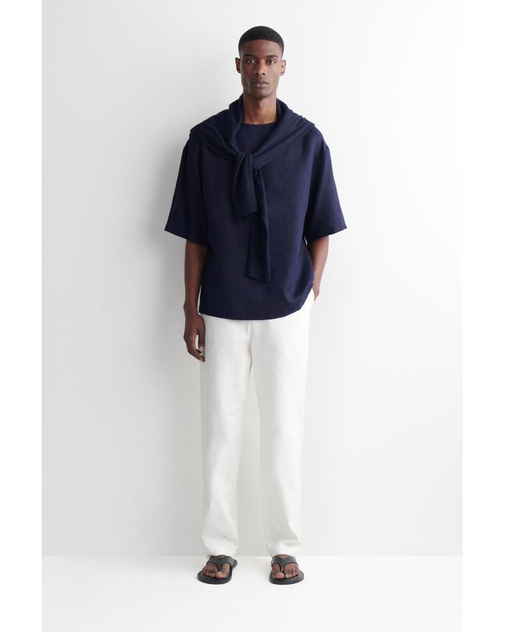 COS Blue Boat-Neck Linen T-Shirt for men