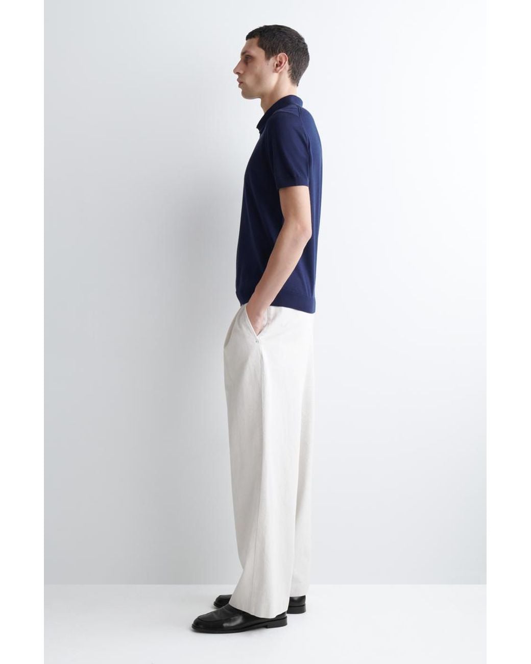 COS Black Slim Knitted Silk Polo Shirt In Navy for men