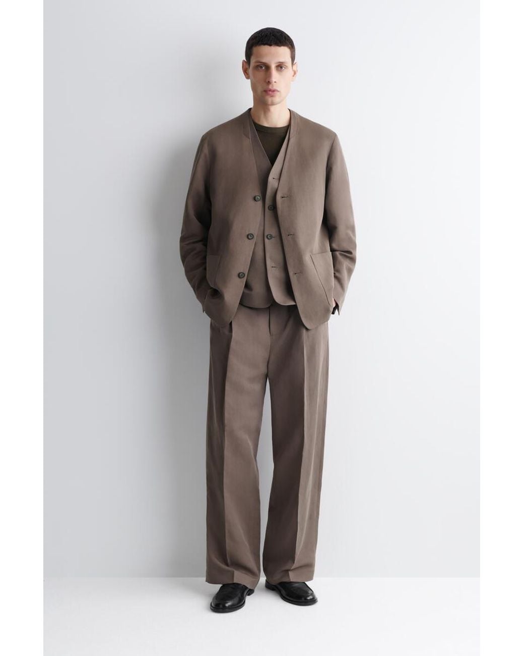 COS Brown Collarless Linen-Blend Blazer for men