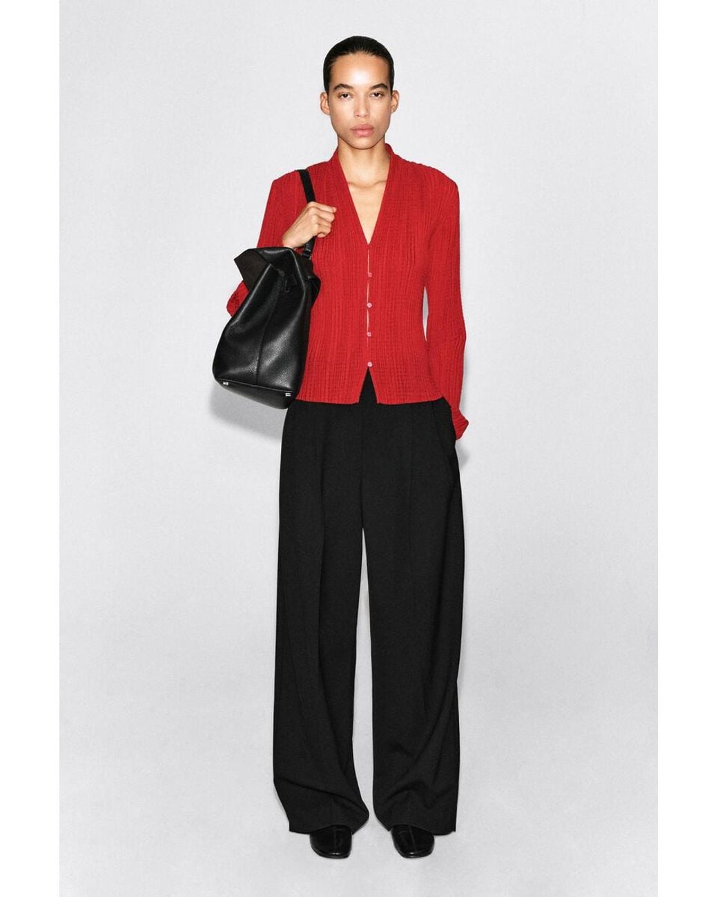 COS Red Pleated Jacquard Cardigan