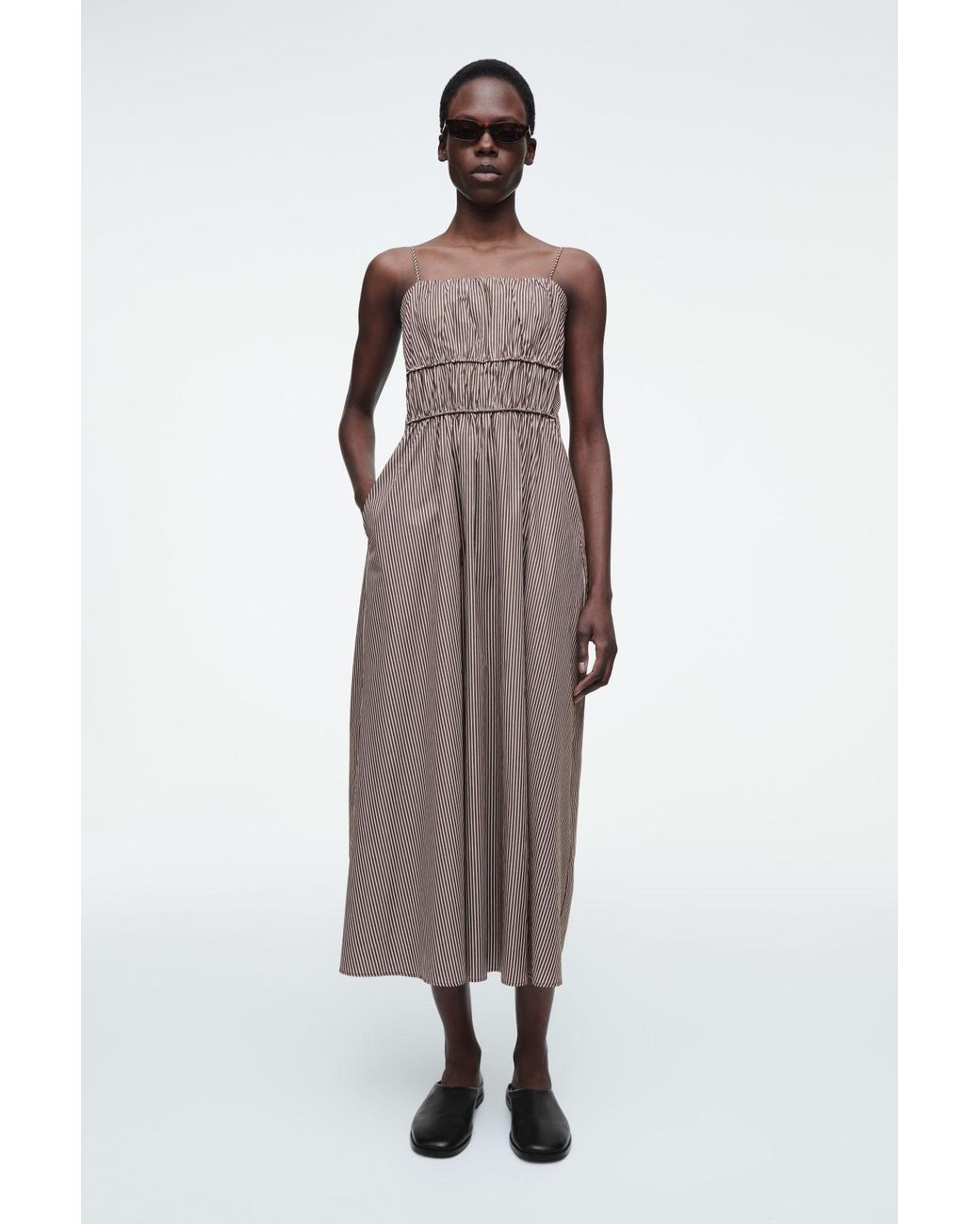 COS Striped Gathered-Waist Midi Dress in Brown | Lyst