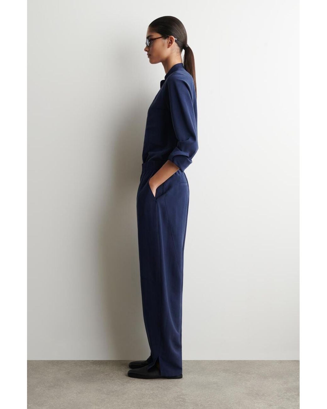 COS Blue Panelled Elasticated Barrel-Leg Trousers