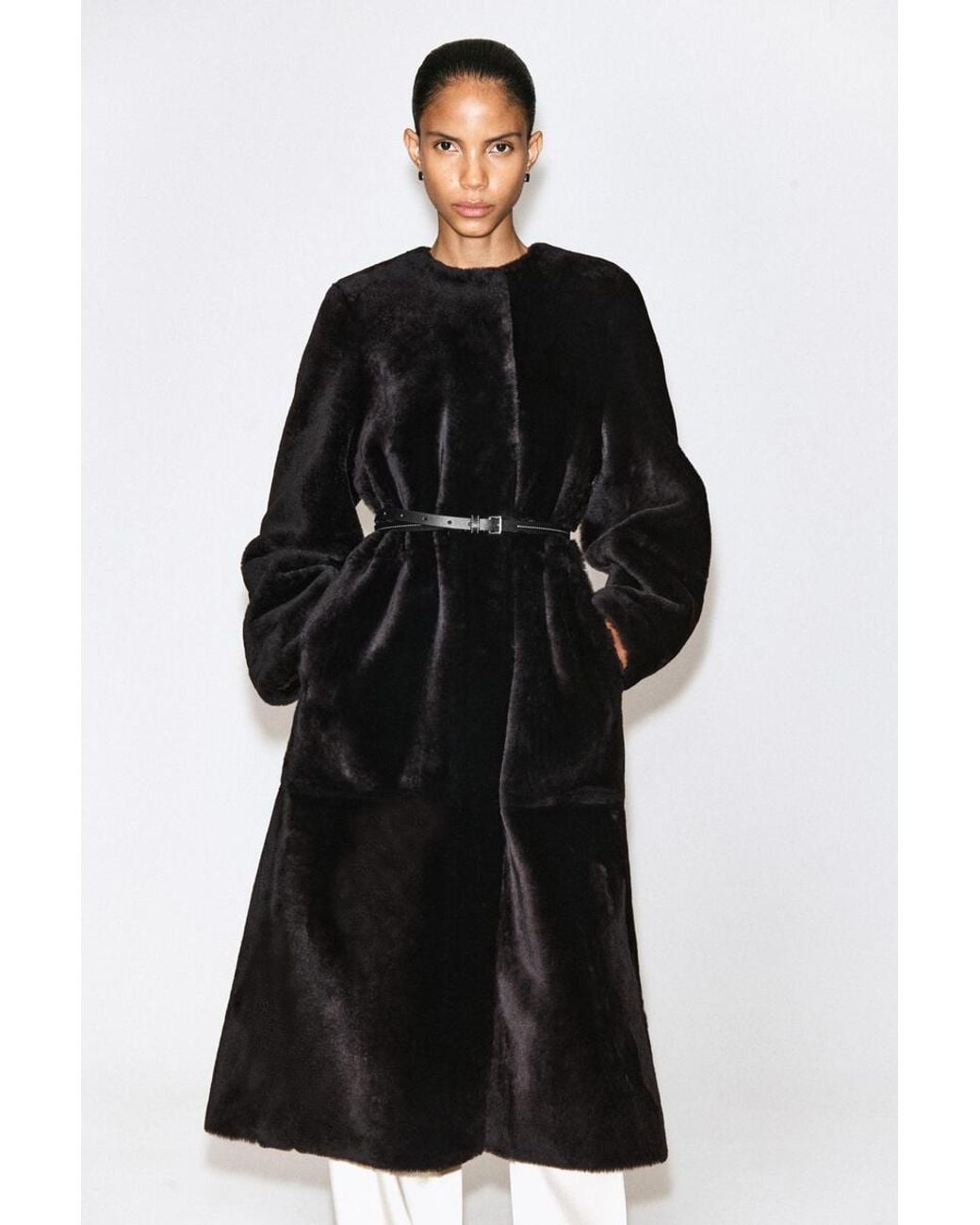 COS Black Collarless Shearling Coat