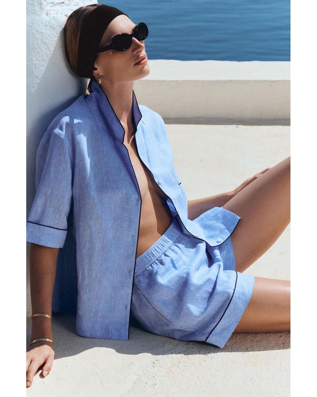 COS Blue Contrast-Piped Linen Resort Shirt