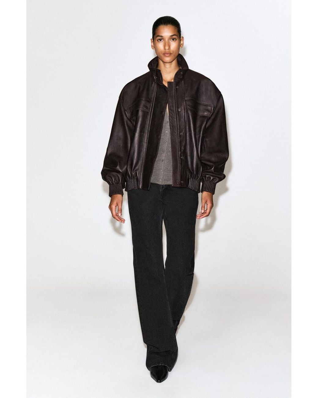 COS Black Leather Mock-Neck Bomber Jacket