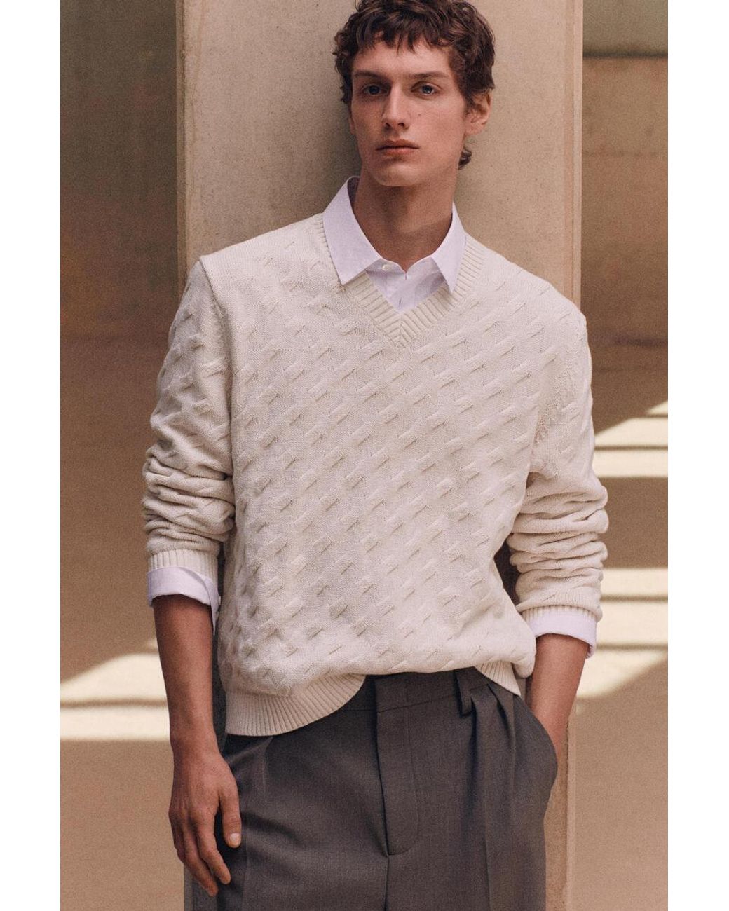 COS White Cable-Knit Cotton-Silk V-Neck Sweater for men