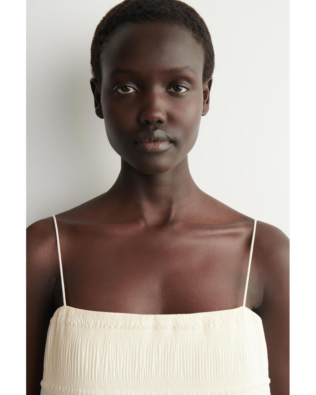 COS White Ruched Dropped-Waist Poplin Midi Dress