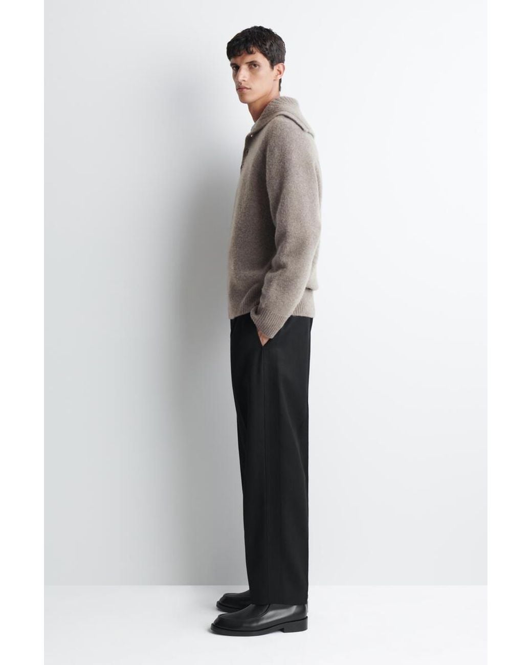 COS Brown Buttoned Pure Cashmere Funnel-Neck Jumper for men