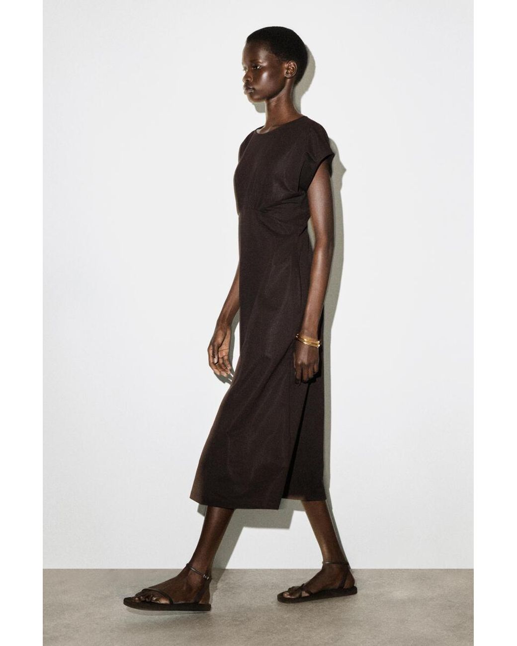 COS Brown Sculpted Gathered Jersey Midi Dress