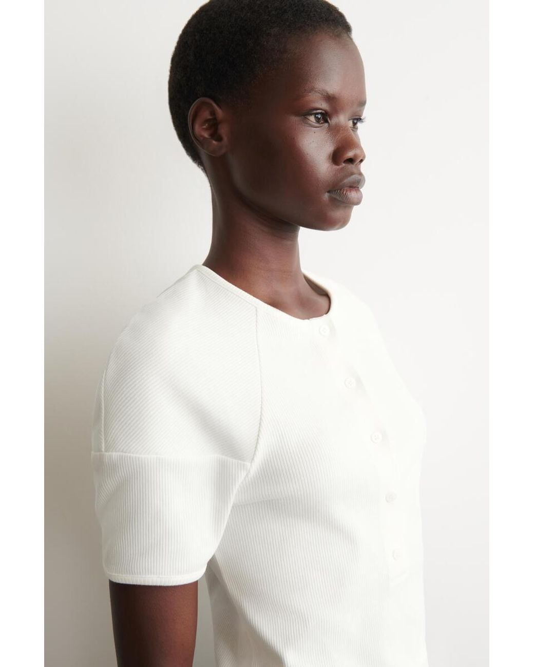 COS White Rounded Ribbed Jersey Henley Top