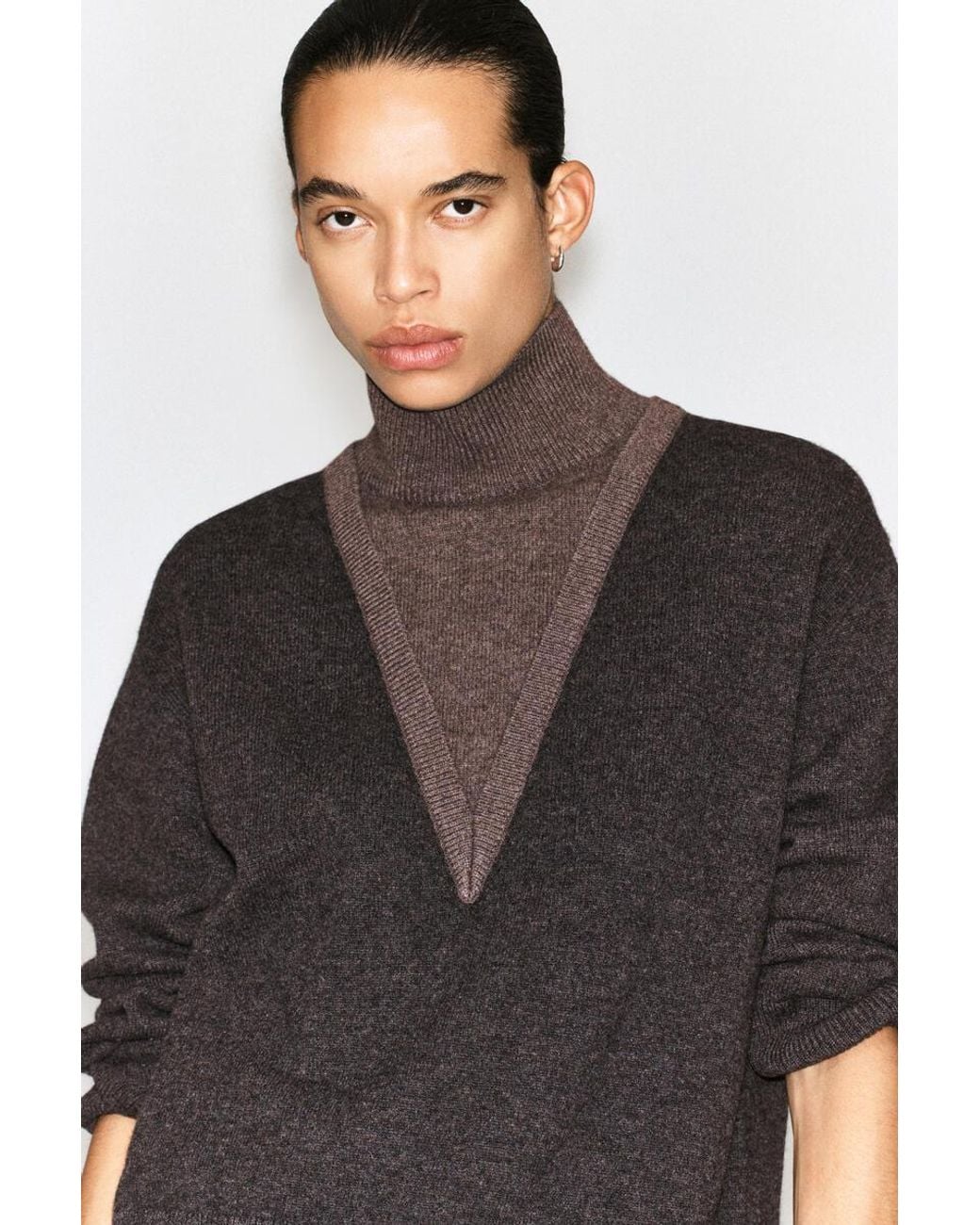 COS Brown Layered Funnel-Neck Merino Wool Sweater