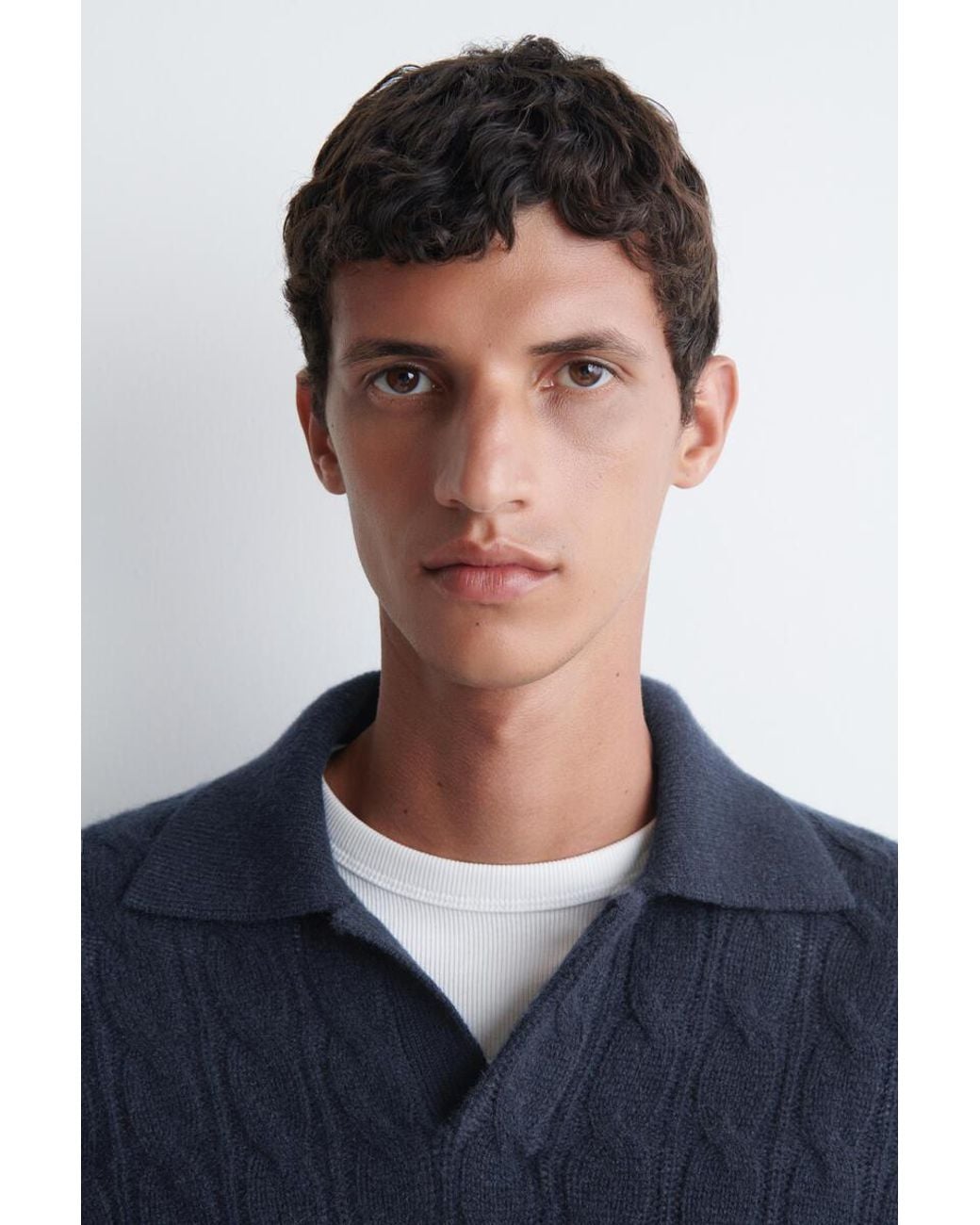 COS Blue Cable-Knit Pure Cashmere Polo Sweater for men