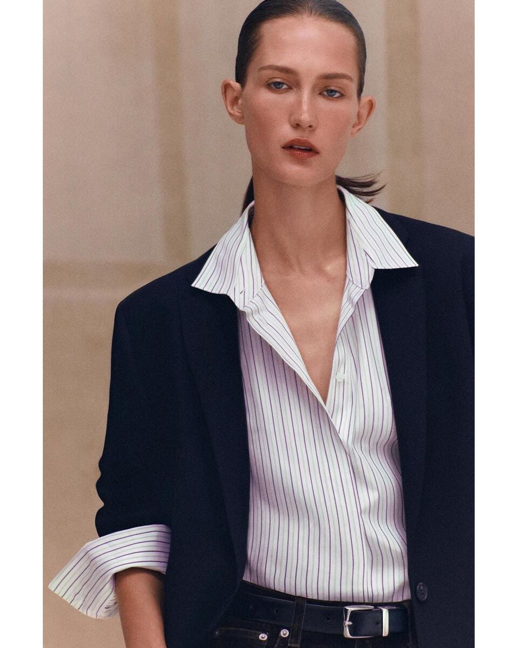 COS Blue Cutaway-Collar Striped Cotton-Blend Shirt
