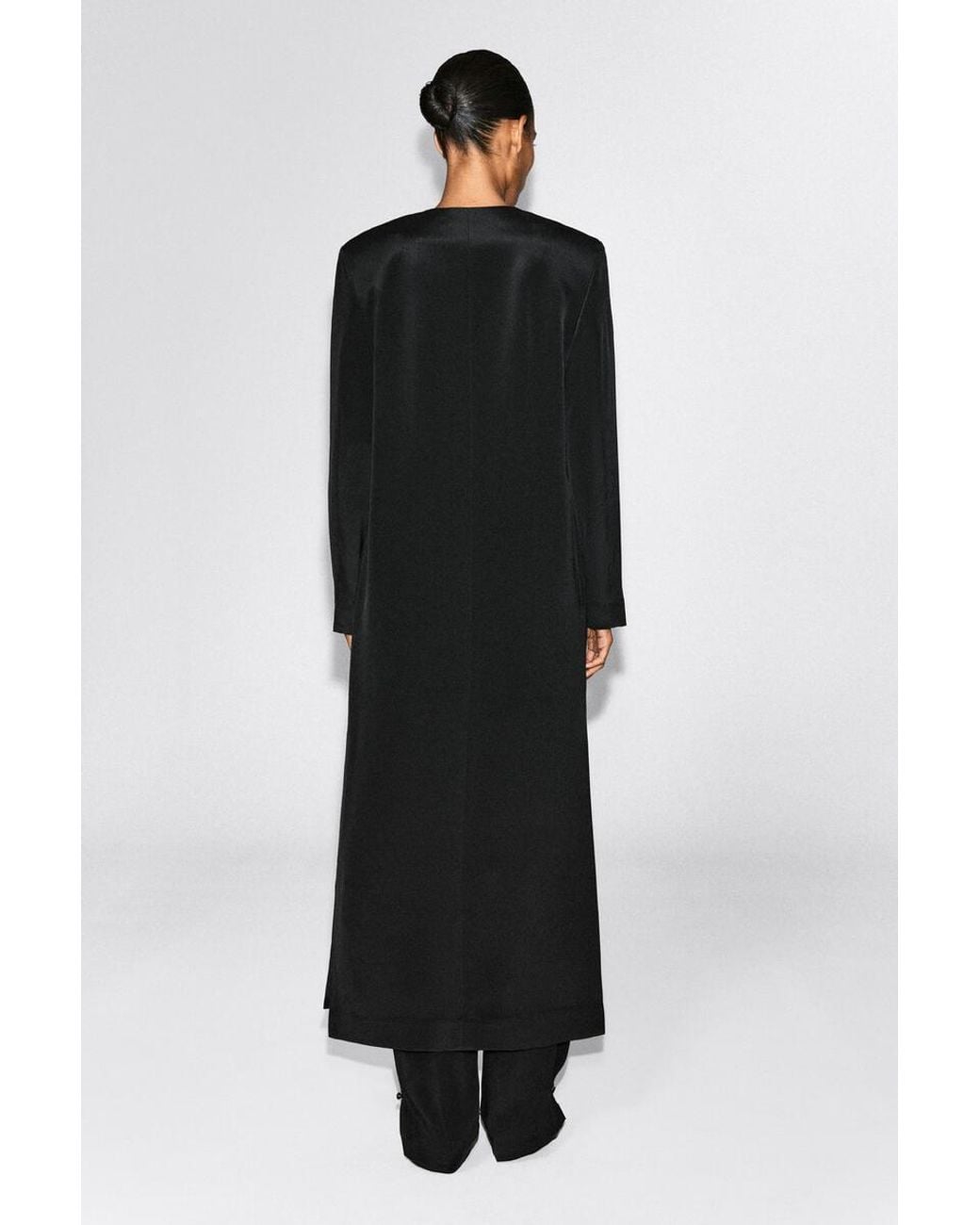 COS Black Button-Detail Silk-Crepe Long Coat