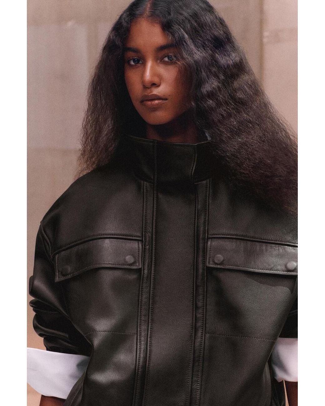 COS Black Leather Mock-Neck Bomber Jacket