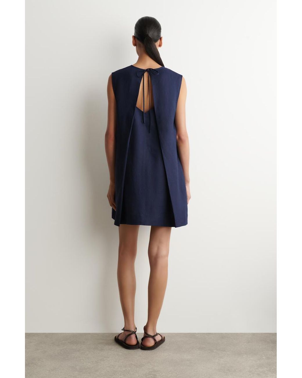 COS V-Neck Open-Back Linen Mini Dress in Blue