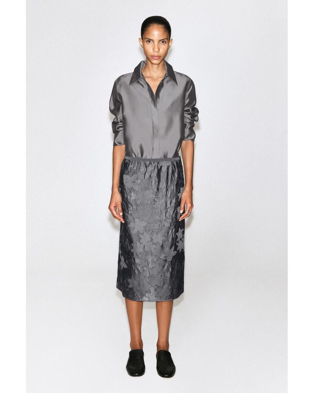 COS Gray Embroidered Sheer Column Skirt