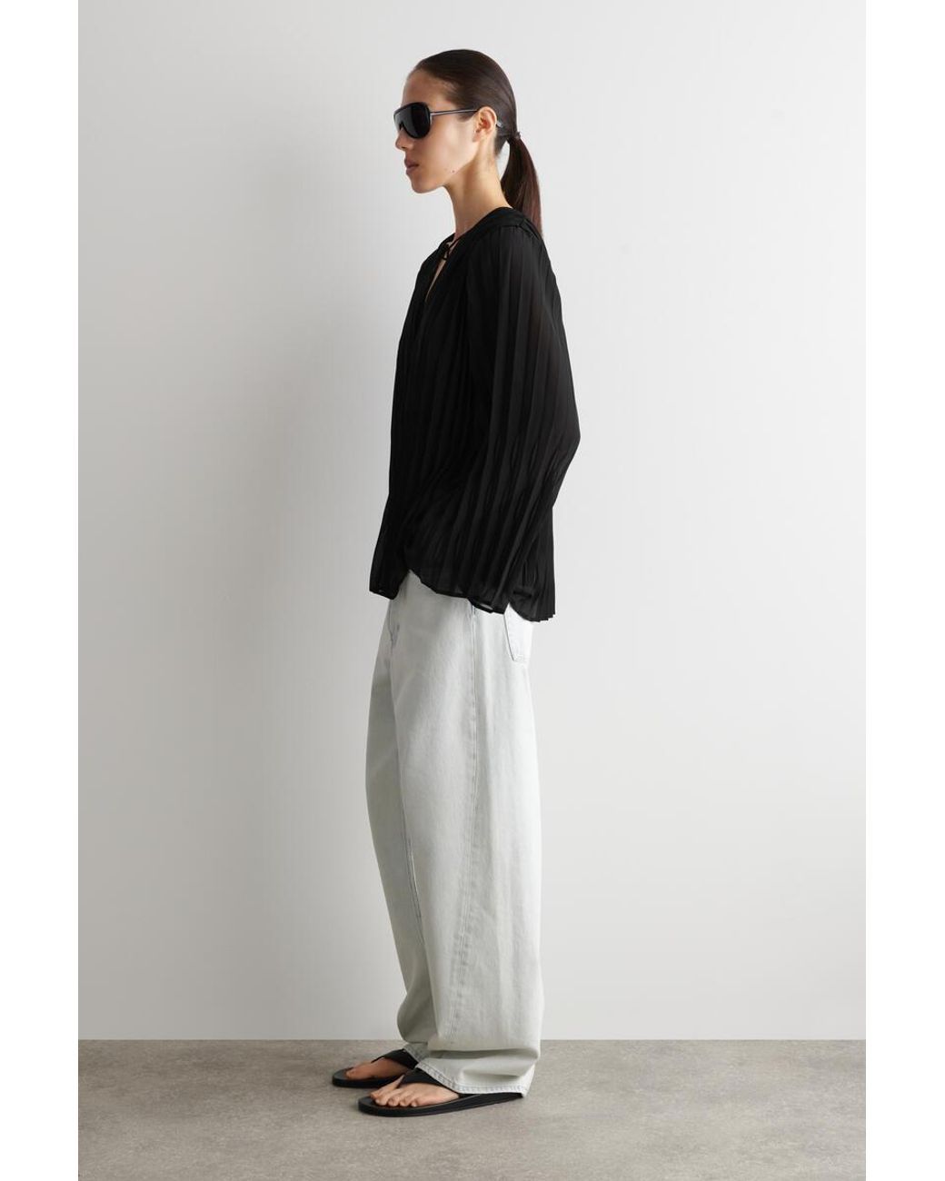 COS Black Tie-Front Pleated Georgette Blouse