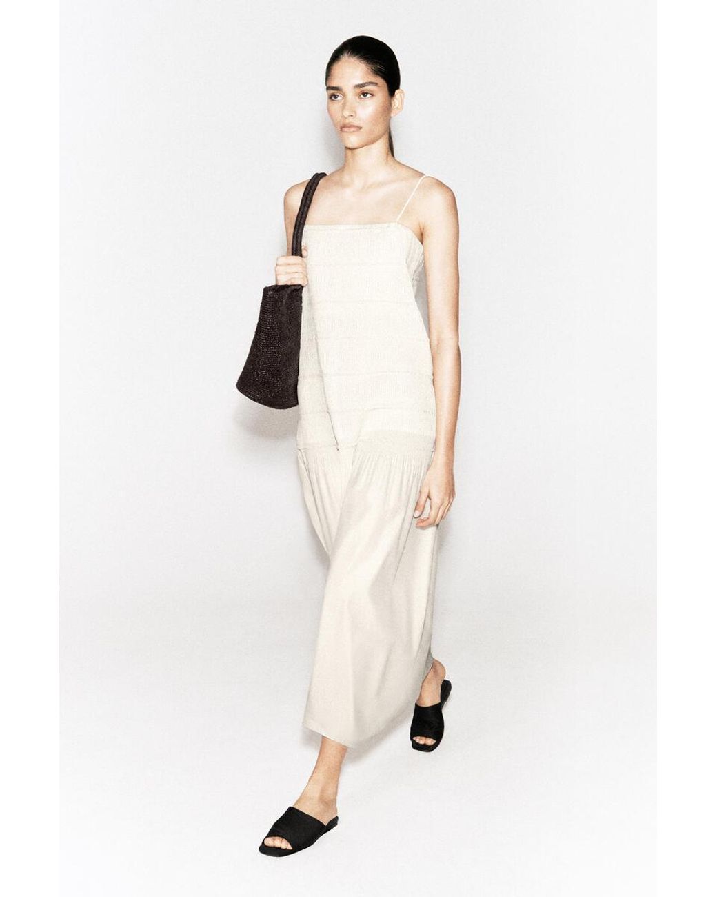 COS White Ruched Dropped-Waist Poplin Midi Dress