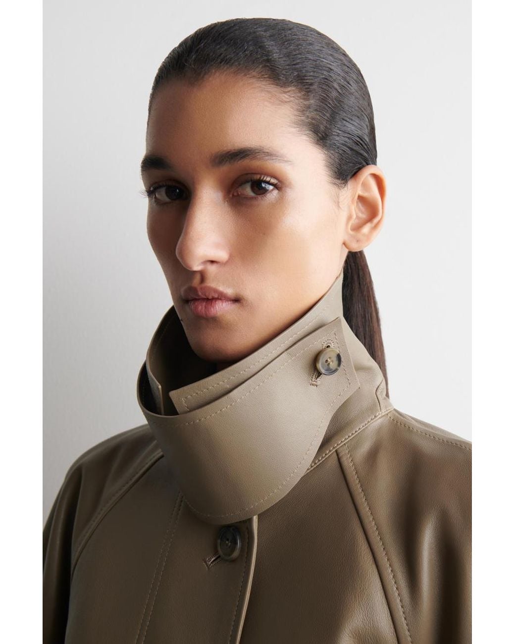 COS Natural Funnel-Neck Leather Short Trench Jacket