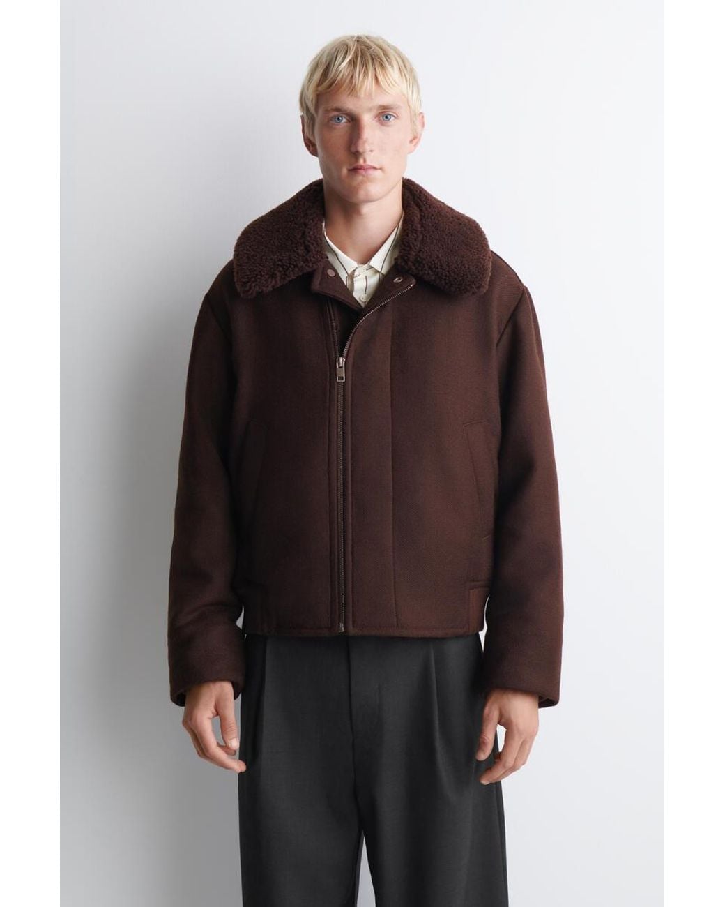 COS Brown Shearling-Collar Wool Flight Jacket for men