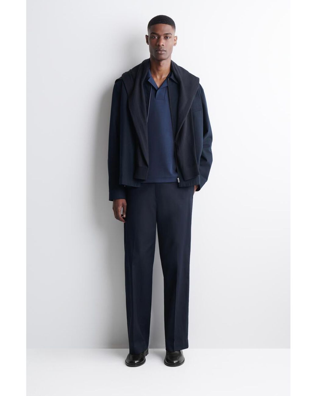 COS Blue Jersey-Bonded Cotton-Twill Polo Shirt for men