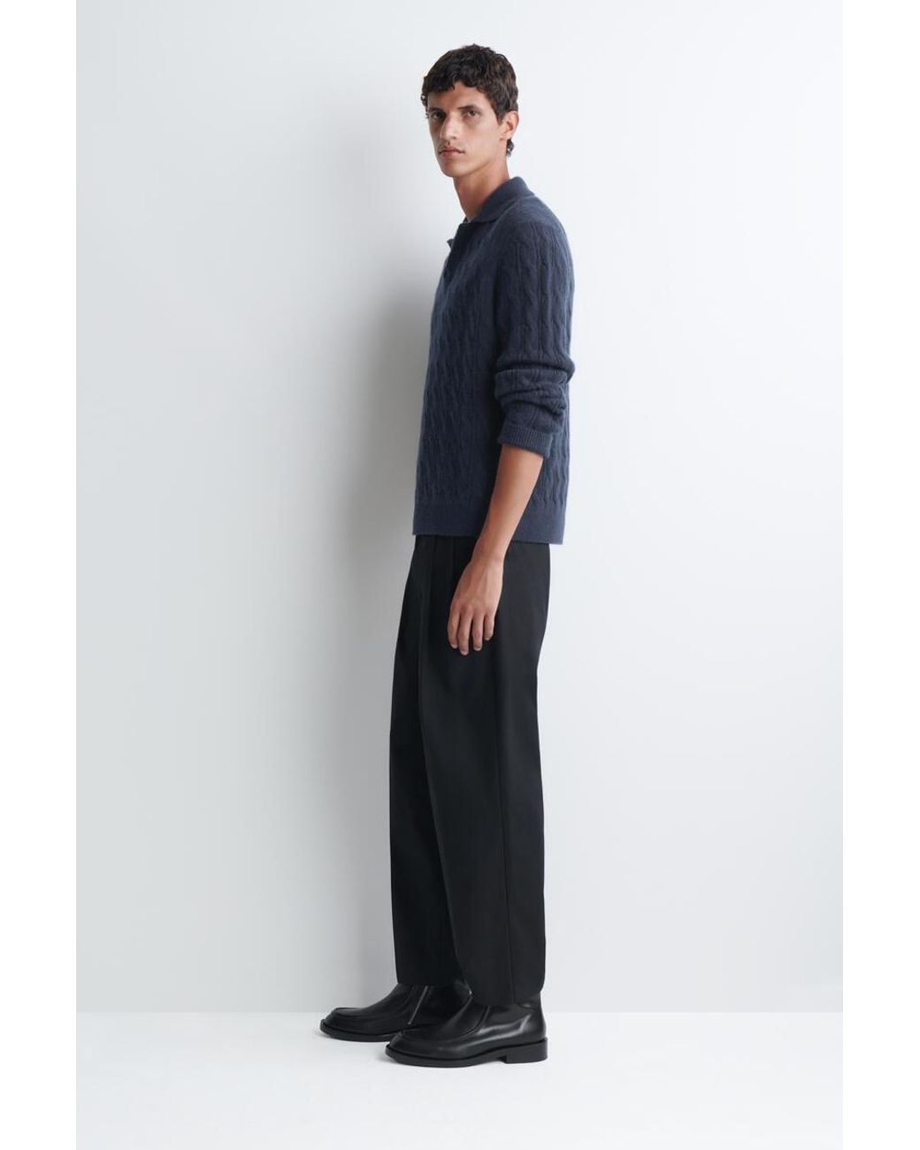COS Blue Cable-Knit Pure Cashmere Polo Sweater for men
