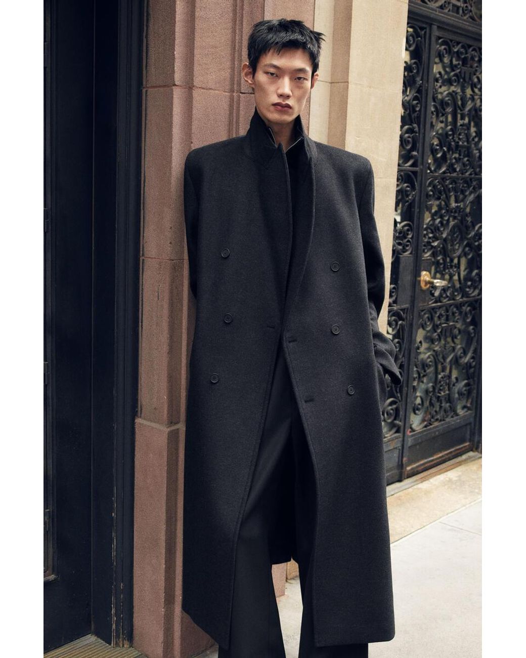 COS Black Double-Breasted Wool-Blend Long Coat for men