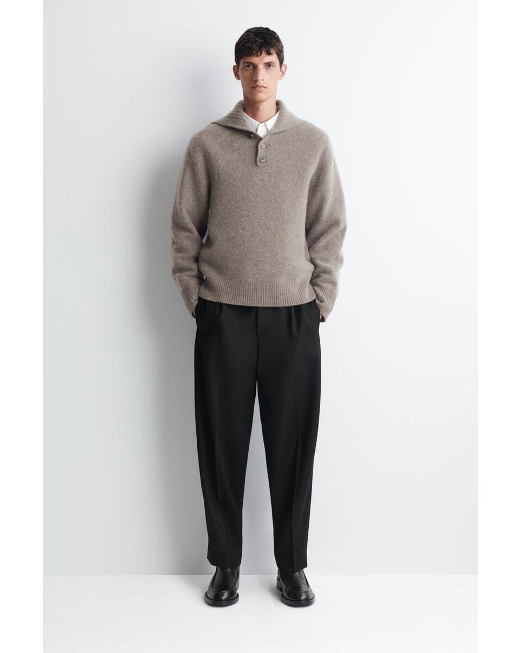 COS Brown Buttoned Pure Cashmere Funnel-Neck Jumper for men