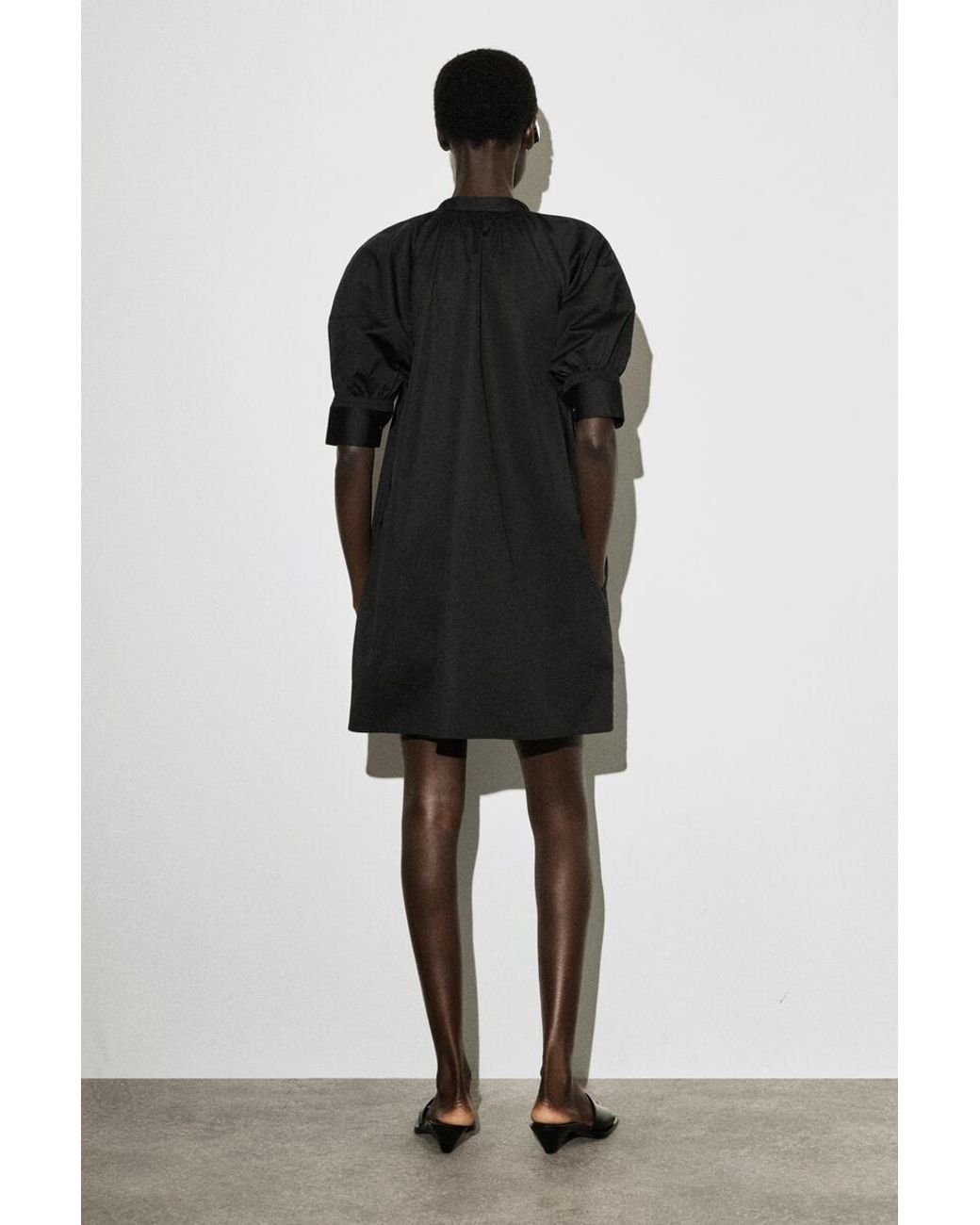 COS Black Smocked Puff-Sleeve Shirt Dress