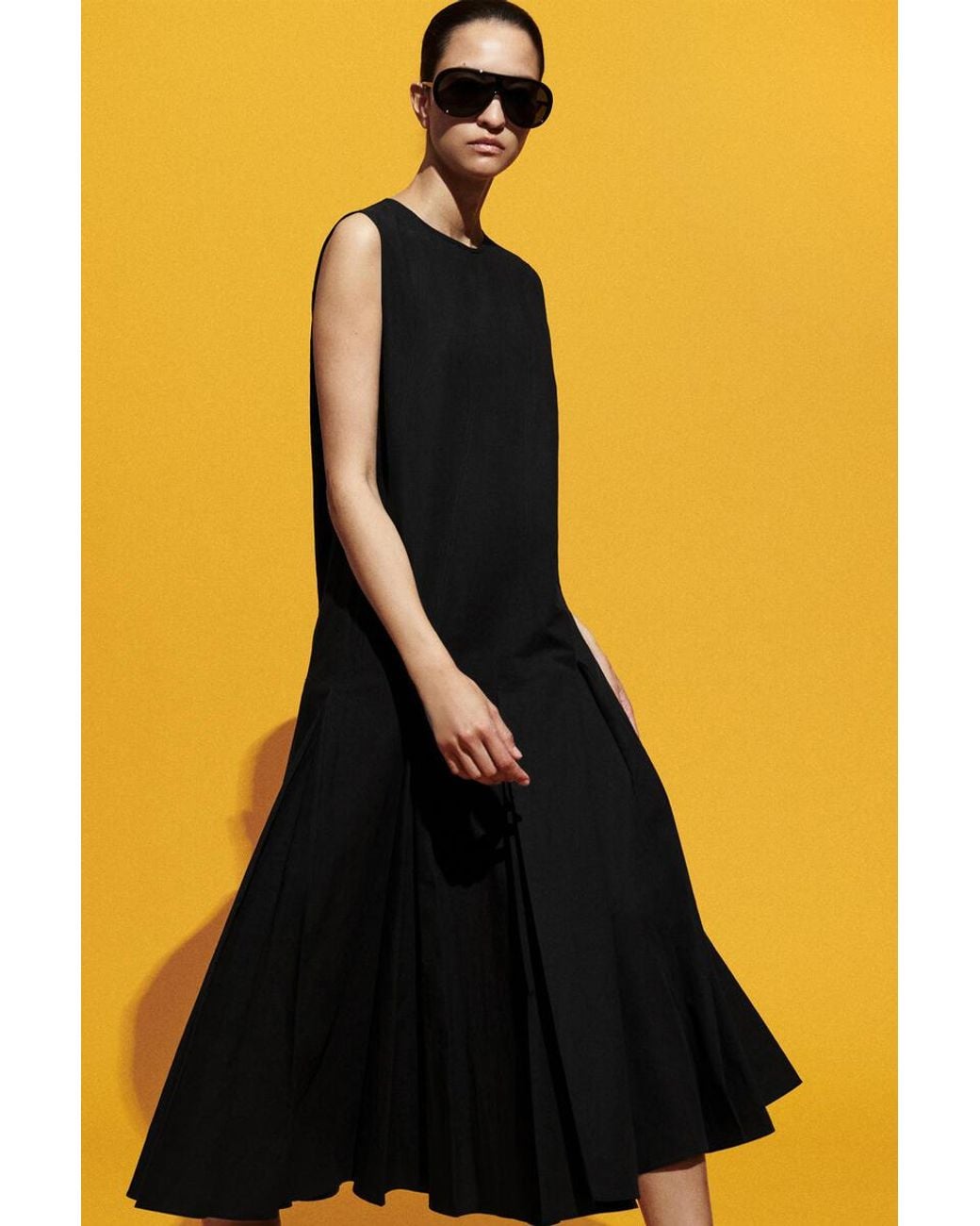 COS Black Pleated Cotton-Linen Maxi Dress