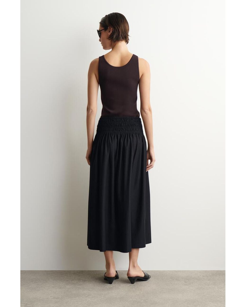 COS Black Ruched-Waist Midi Skirt