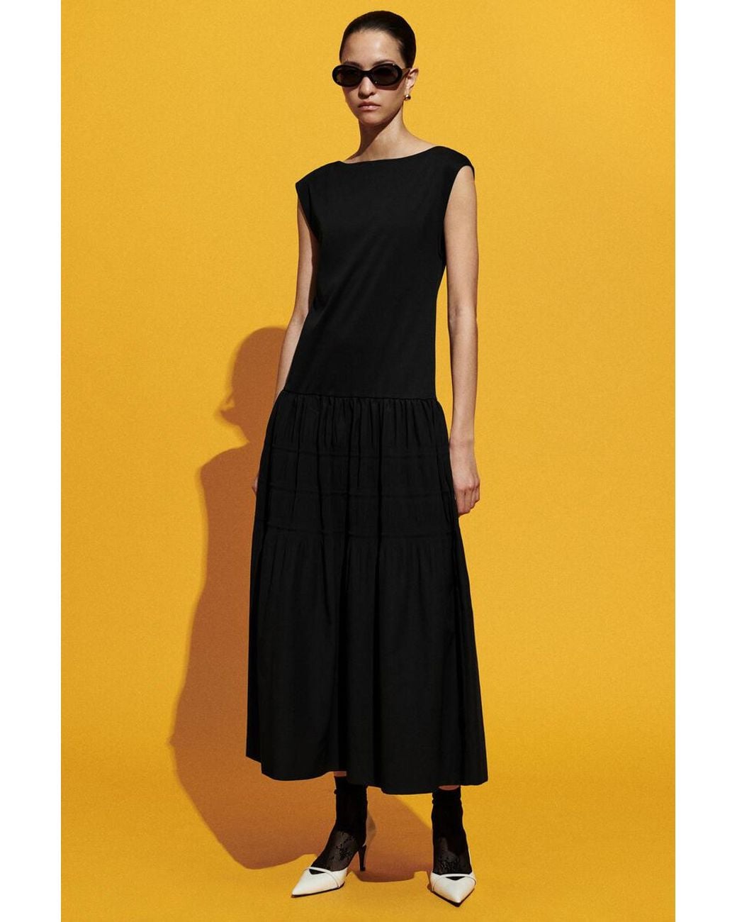 COS Black Tiered Gathered Midi Dress